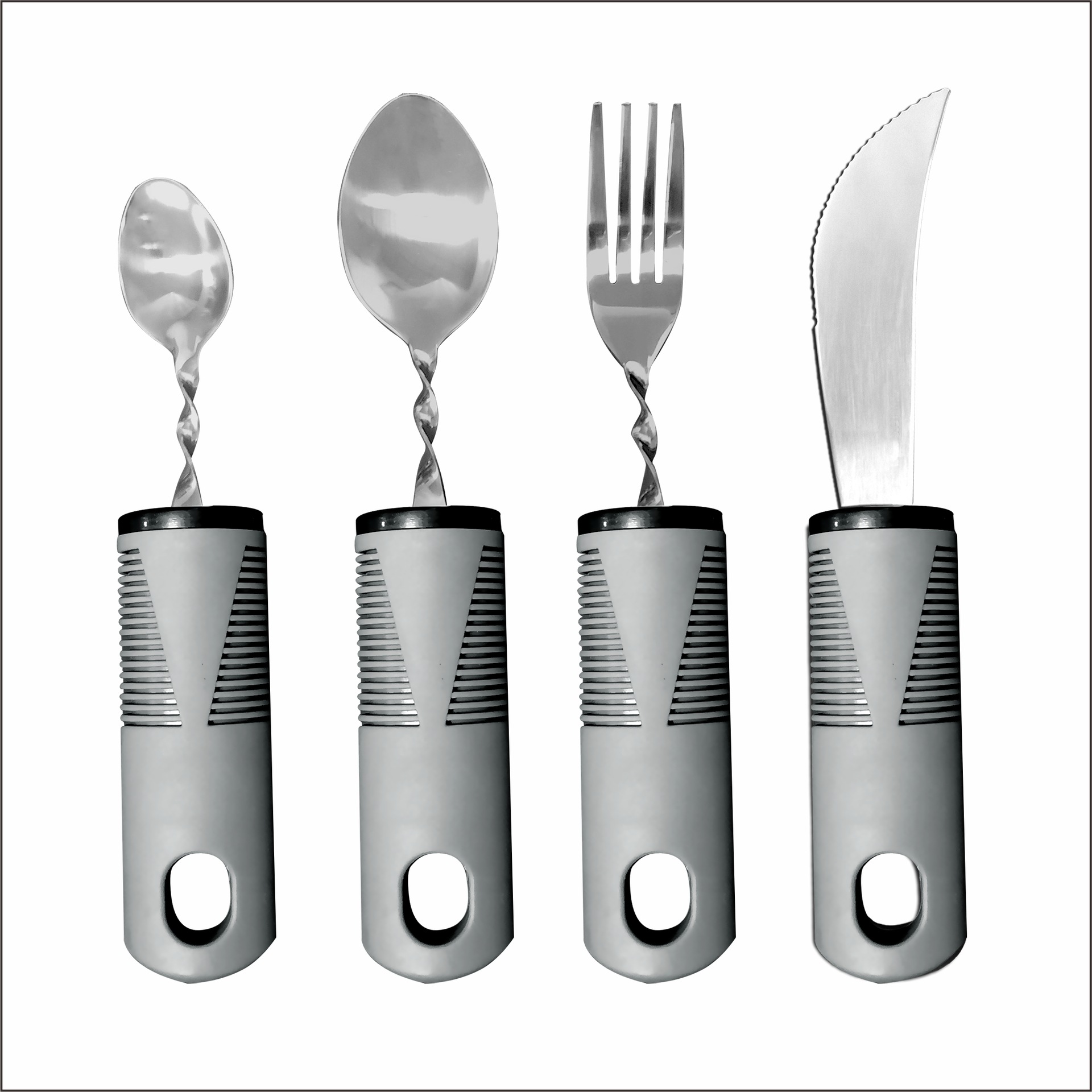 Mango transfronterizo de caucho y plástico de acero inoxidable antivibración, plegable adaptable y doblado para ancianos, vajilla de rehabilitación de alimentos, juego de cuchillos, tenedores y cucharas