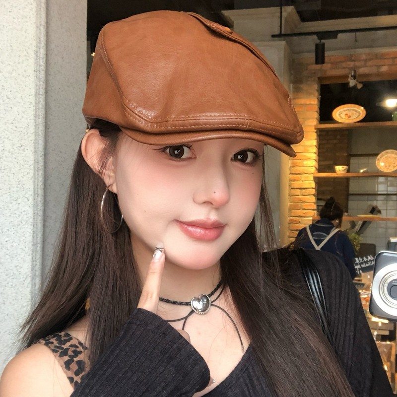 日系纽扣pu皮质前进帽女小众设计大头围显脸小气质反戴贝雷帽子潮|undefined
