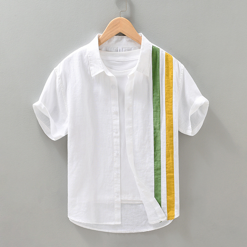 1253 Pure Linen Square Collar Short-Sleeved Shirt Young Men's Cotton and Linen Shirt Japanese Style Fresh Color Matching Half-Sleeved Summer
