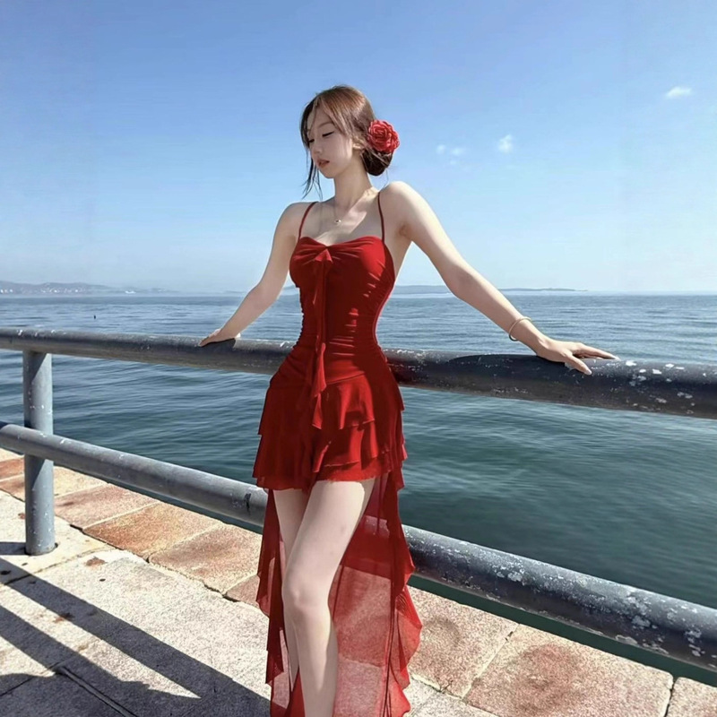 Swtgals French Super Fairy Pure Desire Ruffled Suspender Dress Women's Niche Slimming Look Asymmetrical Skirt