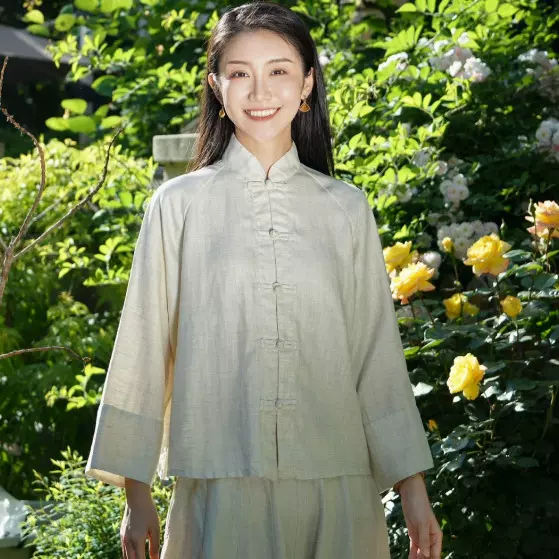 高端新中式女装中国风亚麻立领衬衫女长袖唐装棉麻薄款夏季盘扣