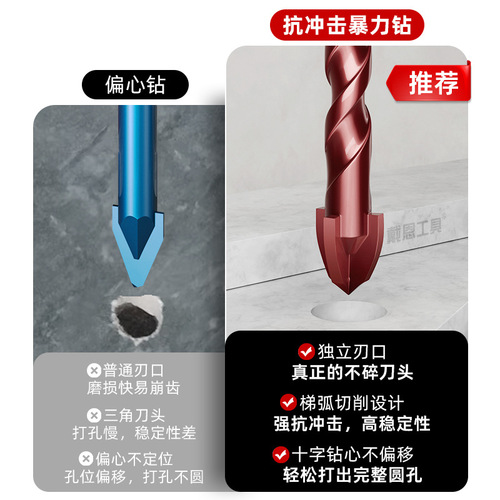Violent drilling super hard drill bit impact tile concrete cement wall full tile drilling triangle drill four-edged overlord drill