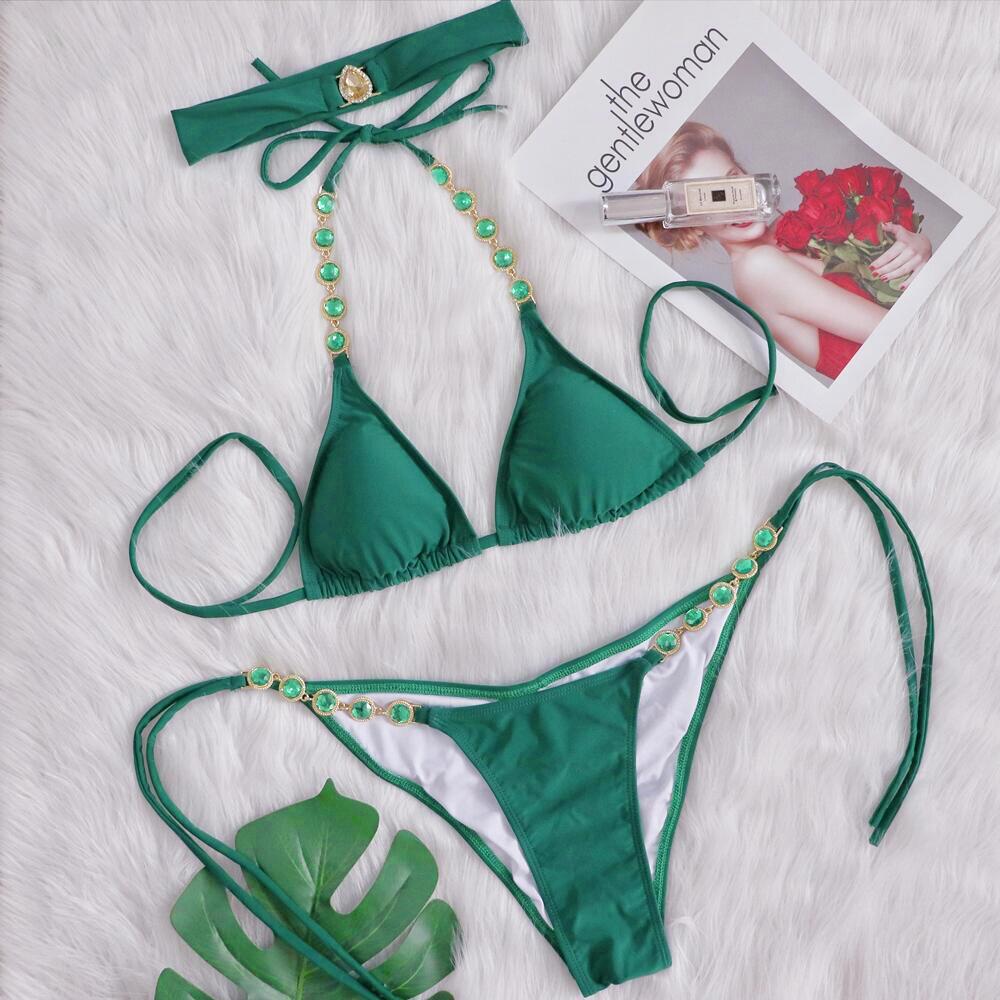 Green Diamond Decoration Lace-Up Split Bikini 2 Piece Set NSKLL110852