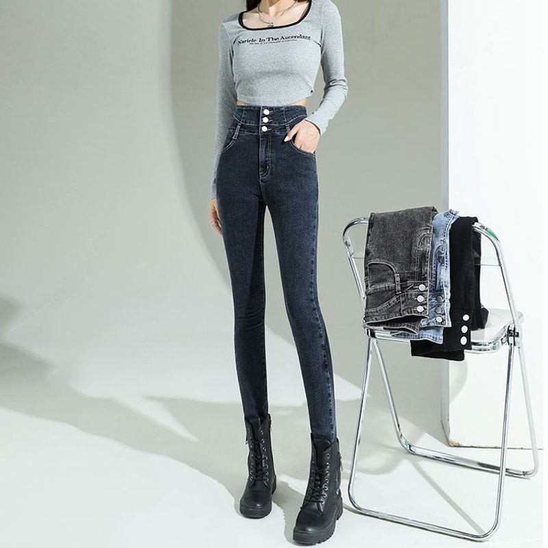 Autumn and Winter Belly-Tinting Super High Waist Three-Button Slim Slim Pencil Pants Stretch Tight Cropped Jeans for Women