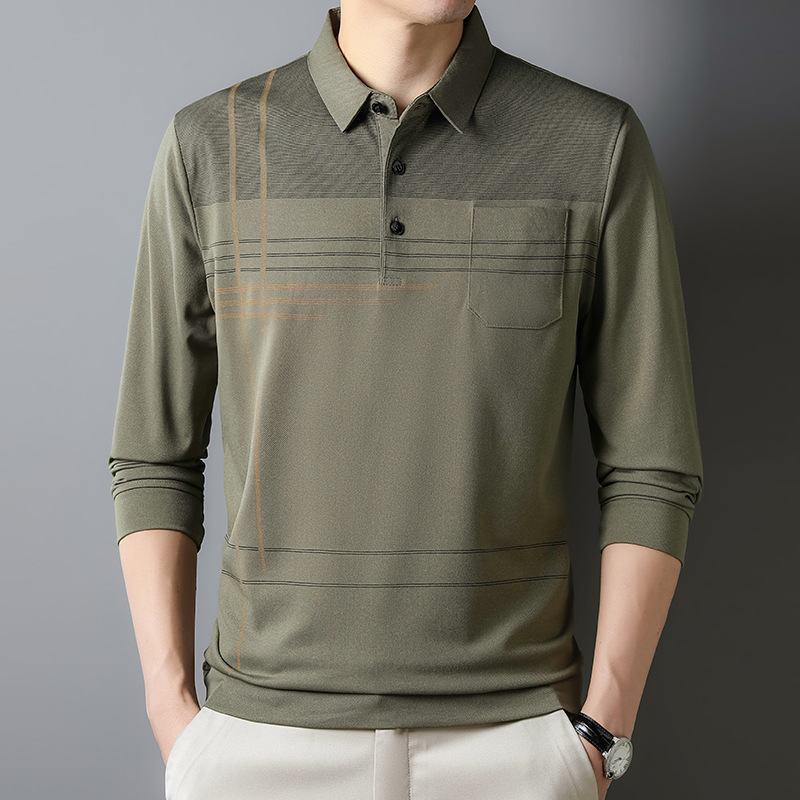 Otoño camisa de fondo superior delgada de manga larga para hombres jóvenes y de mediana edad solapa bolsillo real camiseta casual papá hombres