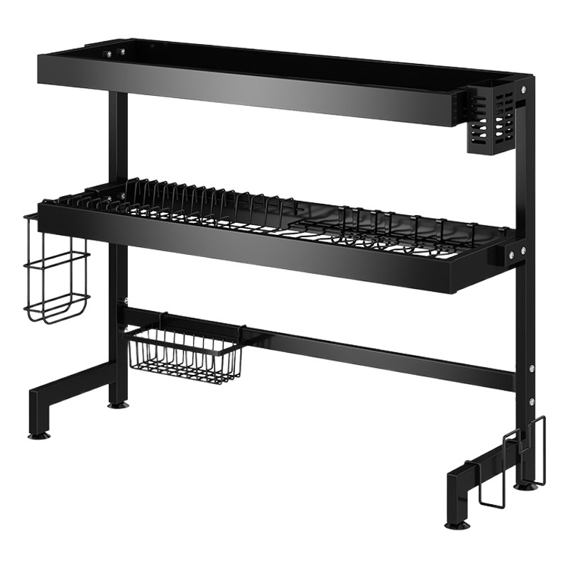 Fregadero de la cocina de almacenamiento en rack plato cuchillo palillos tubo tabla de cortar plato en rack de almacenamiento en rack negro fábrica al por mayor