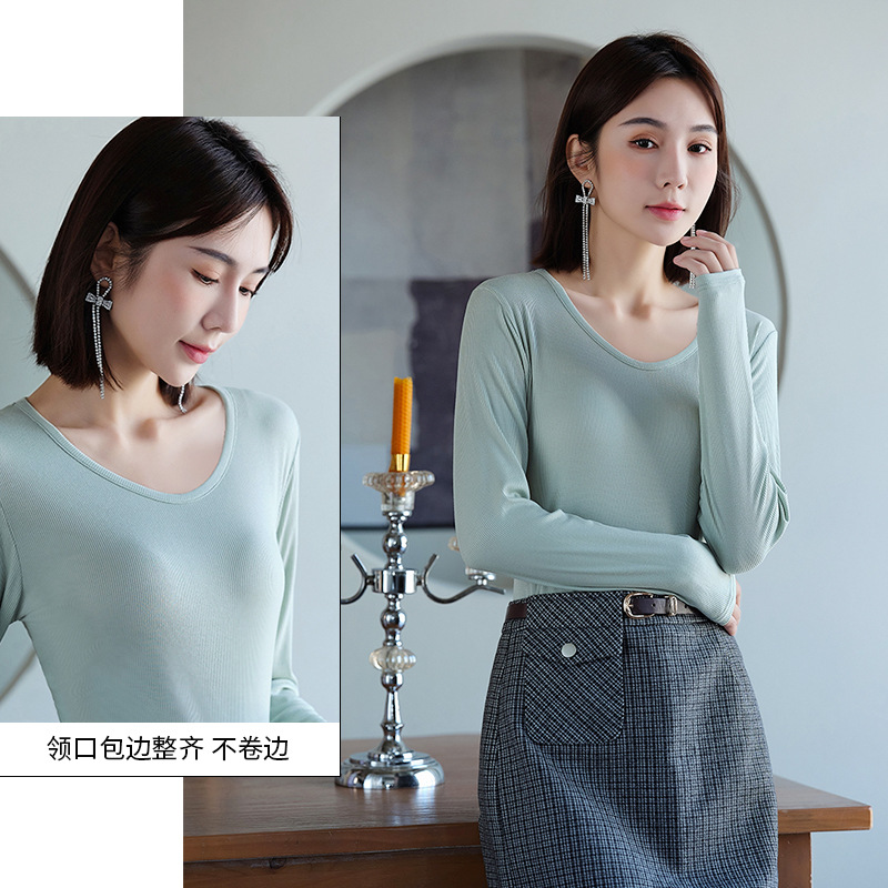 Camiseta de manga larga para mujer, cuello en V, acanalada, de color sólido, para otoño e invierno, modelo T2024