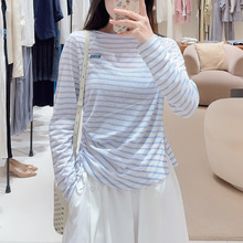 现货 莹系风2026夏季清新条纹海魂蓝白抽绳长袖针织衫上衣女罩衫