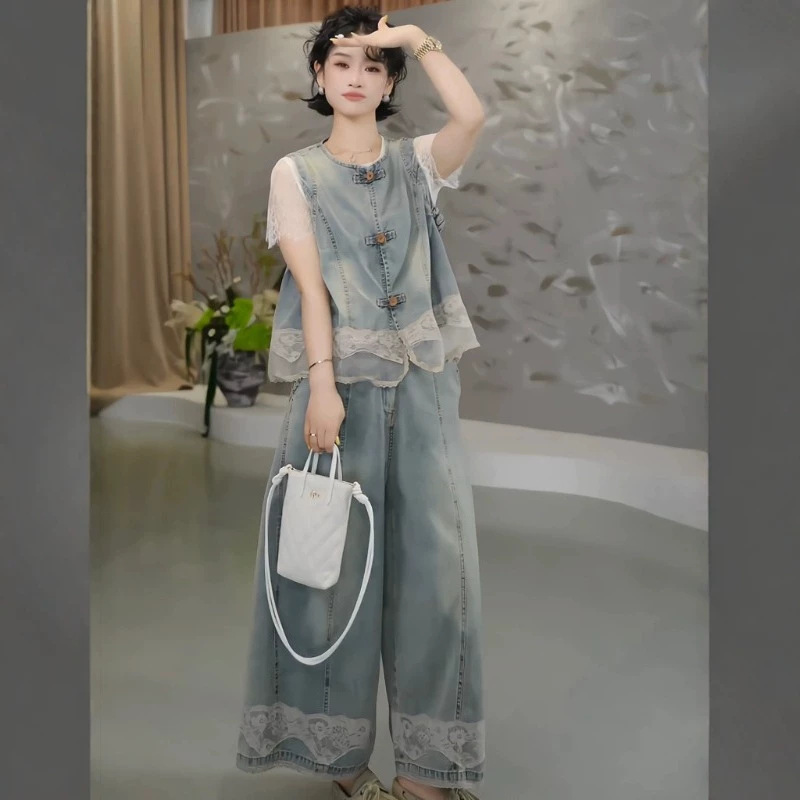 European-Style Unique and Super Stylish Denim Set for Women, Summer Lace Patchwork Sleeveless Vest and Wide-Leg Pants, Age-Reducing Two-Piece Set European-Style Unique and Super Stylish Denim Set for Women, Summer Lace Patchwork Sleeveless Vest and Wide-Leg Pants, Age-Reducing Two-Piece Set