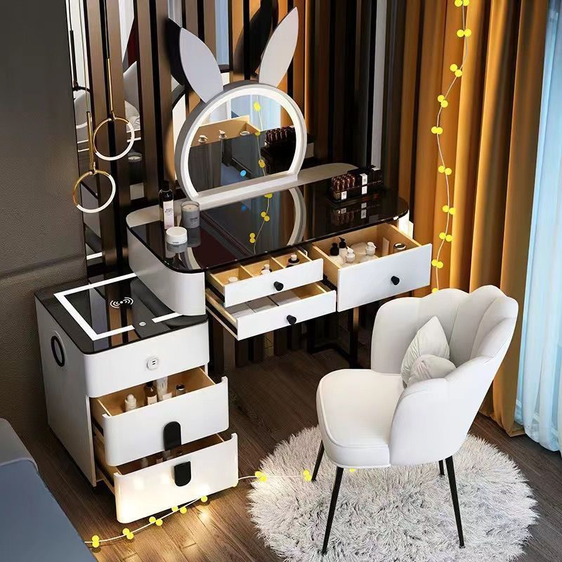 라운드 화이트 & 블랙 83cm 테이블 + 스마트 캐비닛 + 토끼 거울 + 꽃잎 의자