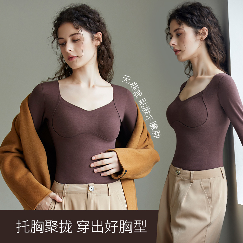 가을과 겨울 폴리 에스테르 섬유 폴리 에스테르 벨벳 열 속옷 여성 가슴 패드 기모 두껍은베이스 셔츠 긴팔 여성용 탑