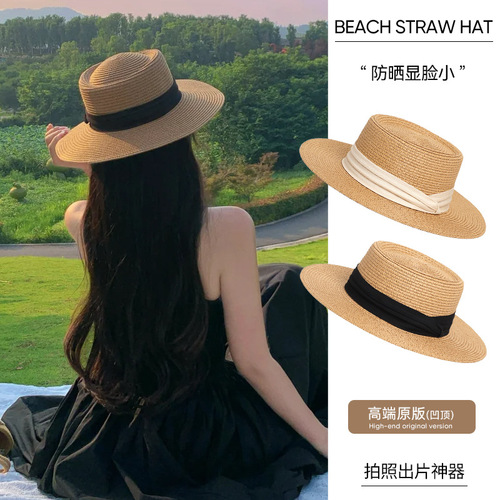 Hepburn style new French flat-topped straw hat women's summer seaside vacation with large eaves knitted sunscreen hat beach hat