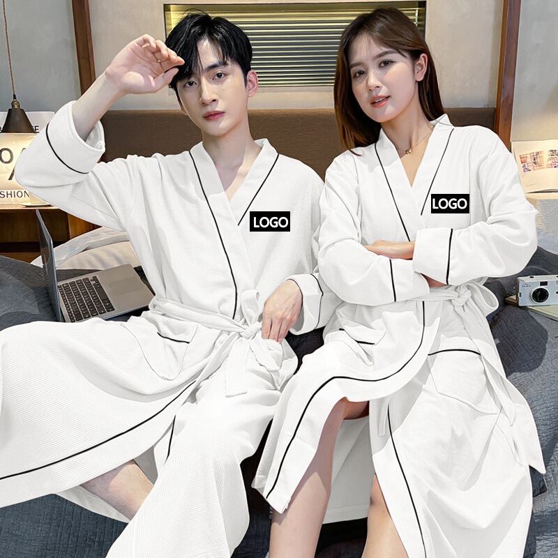 Spring and Autumn Waffe Cotton Long Sleeve Sleeve Couple's Nightgown 2025 Spring New Hotel Style Solid Color Women's Bathrobe