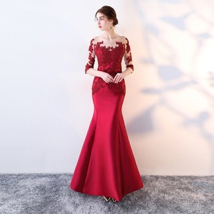 Evening Dress for Women 2025 New Banquet Host Performance Fishtail Long Slim Bride Wedding Toast Dress Cross-Border