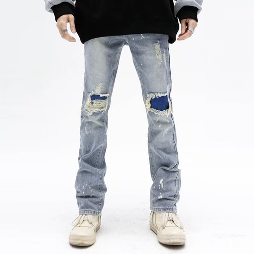 American High Street Personality Jeans Zipper Broken Frayed Tassel Hip-Hop Design Winter Straight Leg Slim Fit Pants