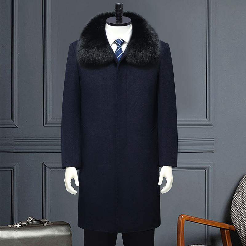 고급 폭스 모피 칼라 중년 및 노인 캐시미어 코트 남자 두꺼운 아빠의 중간 길이 다운 재킷 울 코트