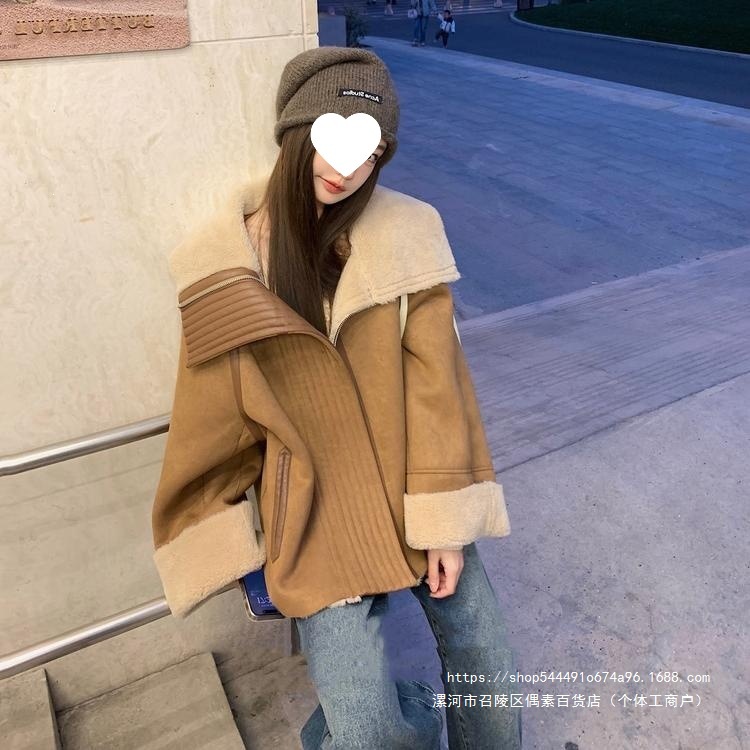 羊羔皮毛一体环保皮草翻领2026冬季新款麂皮复古加厚大衣毛毛外套