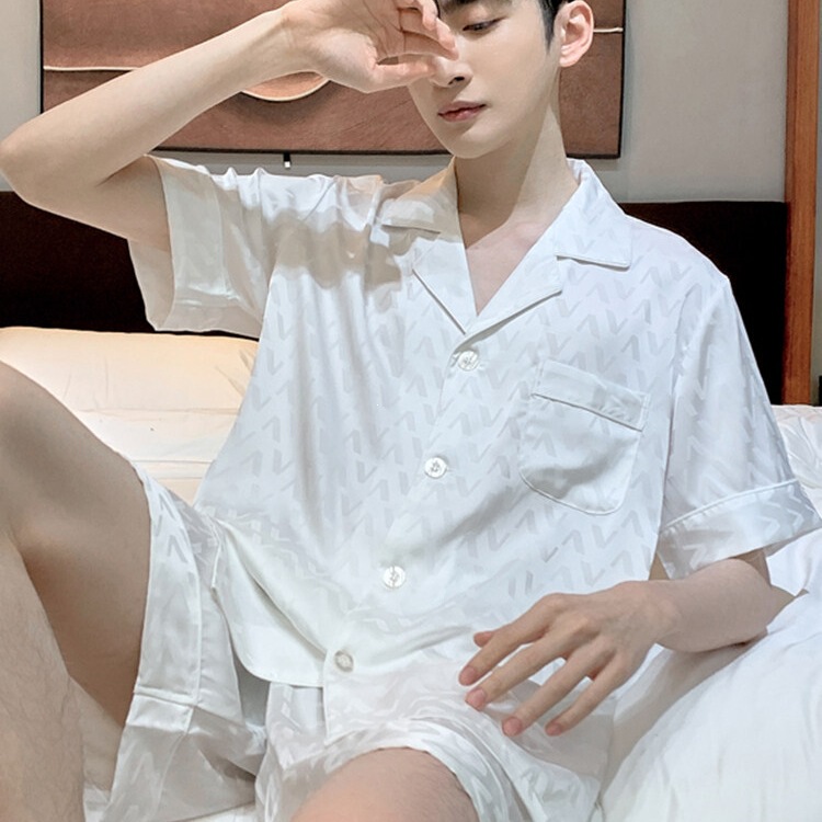 2026 New Men's Ice Silk Pajamas Summer Short Sleeve Shorts Thin White Satin-Like Set
