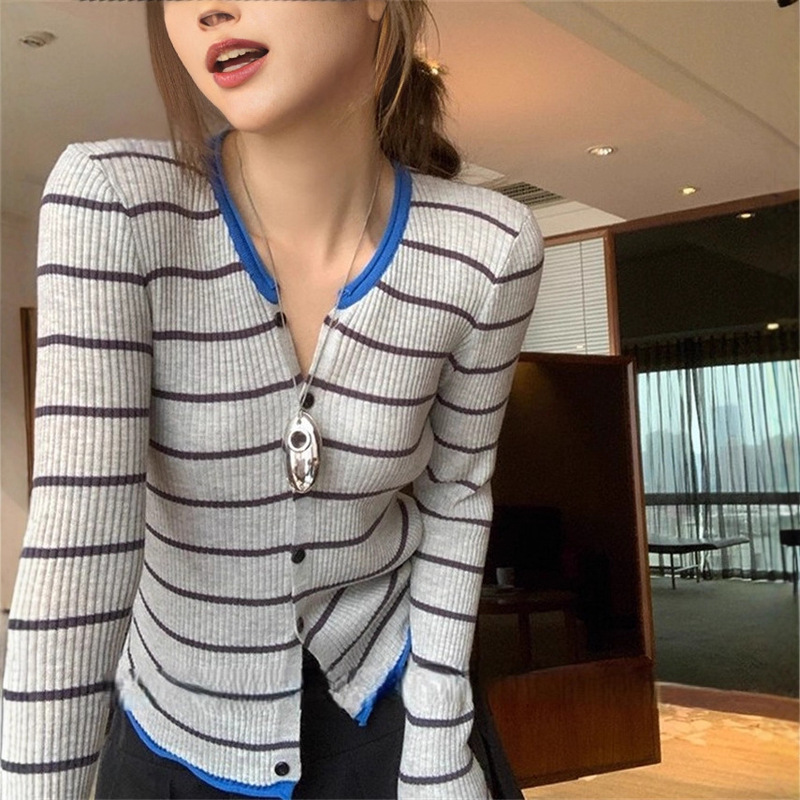 韩系小香风甜美撞色条纹长袖针织开衫女秋季新款时尚百搭显瘦上衣|undefined