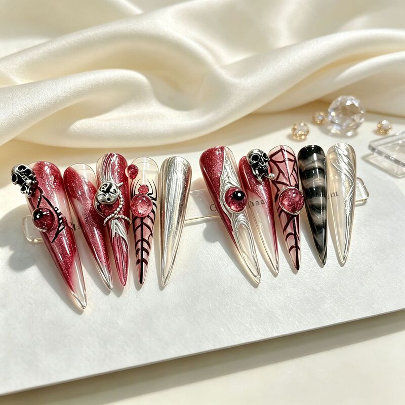 European and American cross-border handmade long detachable false nails with a stylish cat-eye design, personalized nail art wholesale European and American cross-border handmade long detachable false nails with a stylish cat-eye design, personalized nail art wholesale