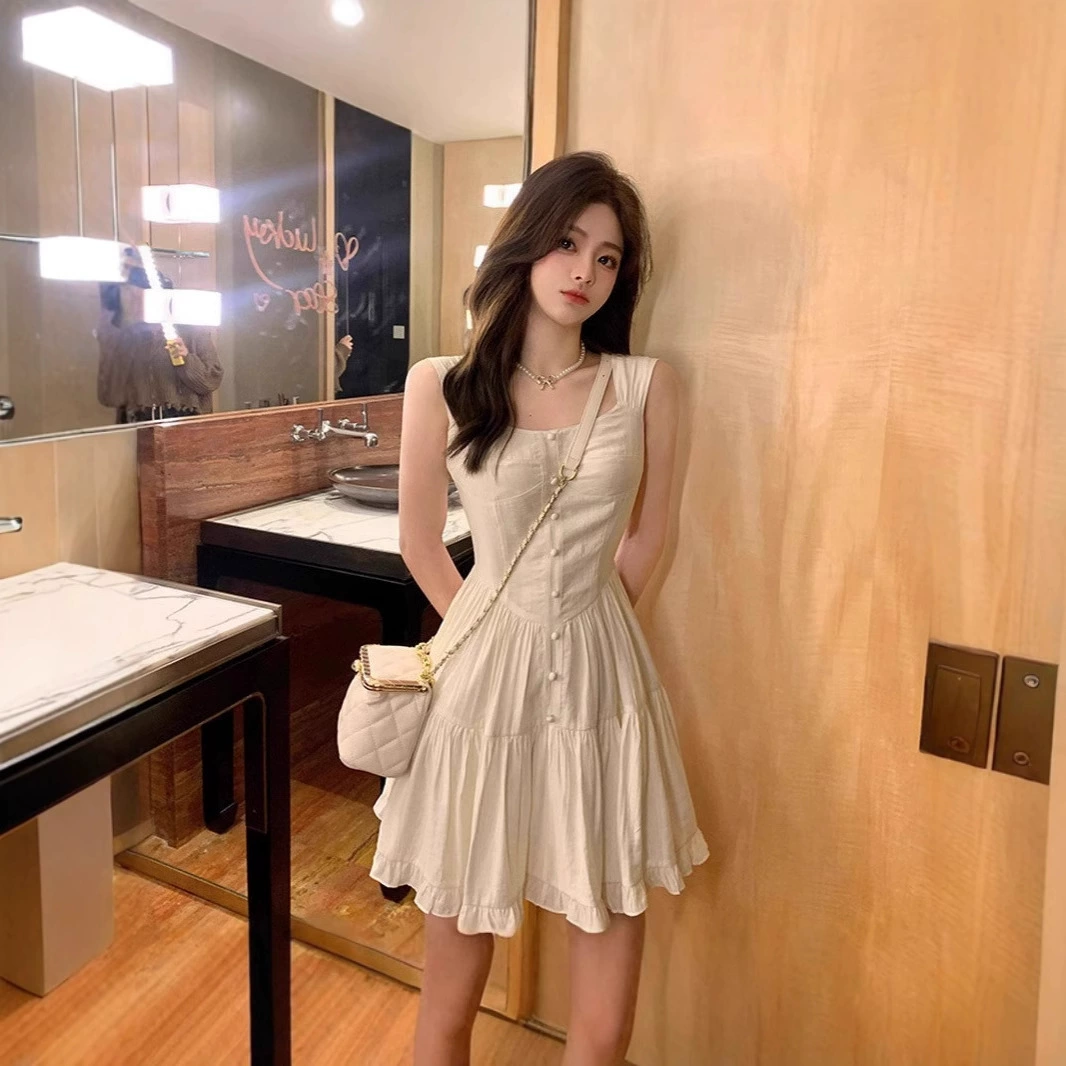 Летнее белое платье с подтяжками в стиле лунного света, женственное и нежное, 2025, утягивающее, однотонное, юбка для женщин