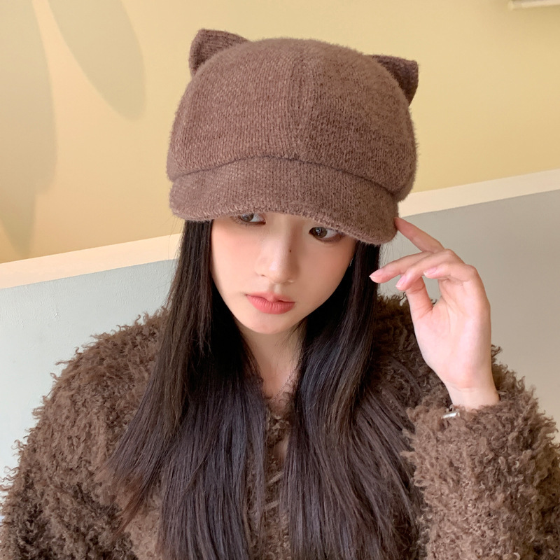 新款韩版秋冬帽子女款鸭舌八角帽猫耳朵防风保暖显脸小百搭大帽檐|undefined