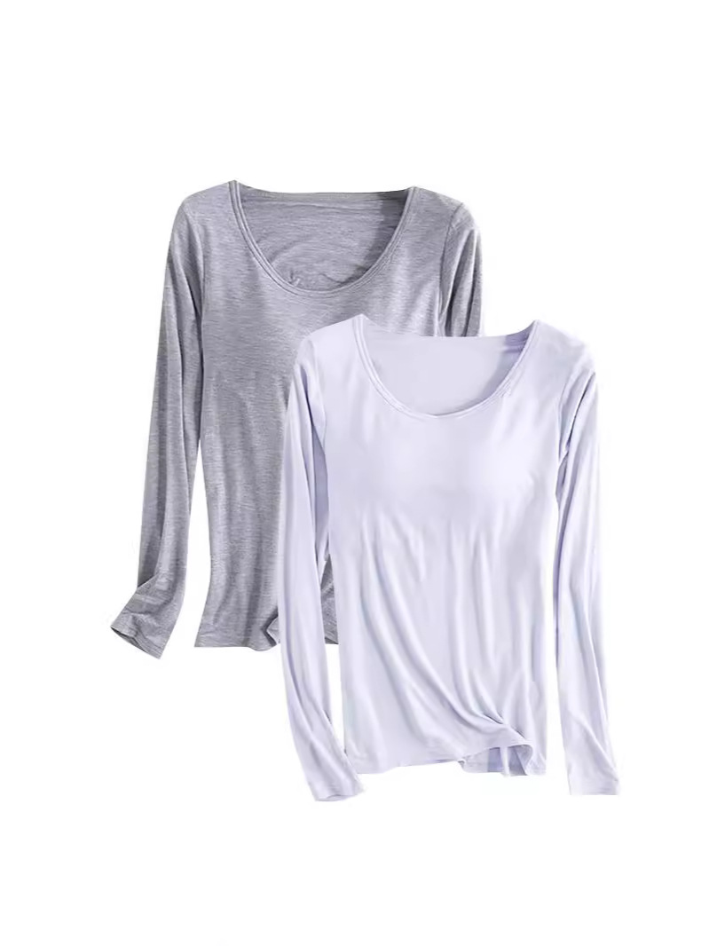 Two-piece Autumn and Winter Modal Long-sleeved T-shirt with Chest Pad BRA-t Bra-free Cup One-piece Yoga Underwear Pajamas