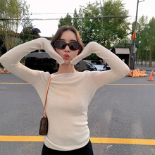 2025秋冬季人字纹羊毛针织衫女一字领气质针织打底衫内搭外穿上衣