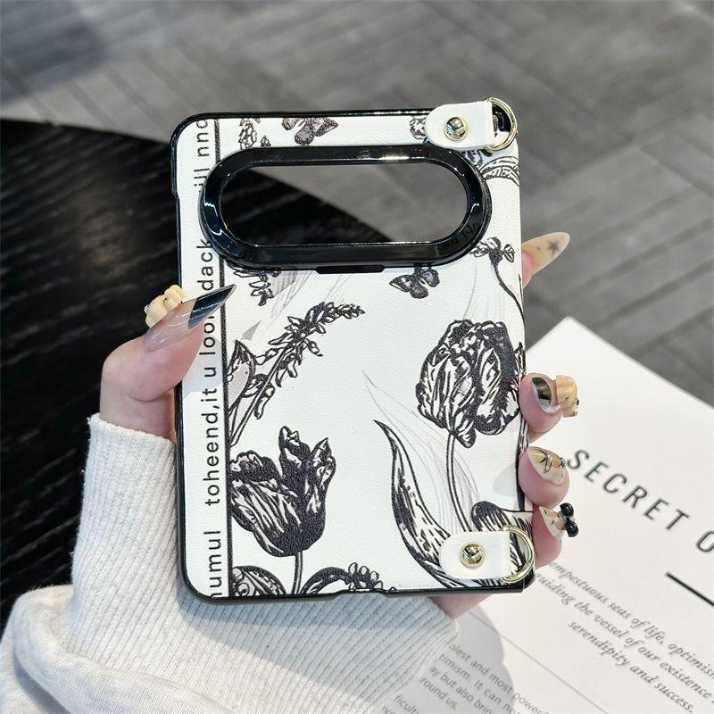 Retro Sketch Flower Design Case for Huawei Puraxmax with Foldable Dual-Axis Magnetic Silk Scarf Crossbody Protective Cover