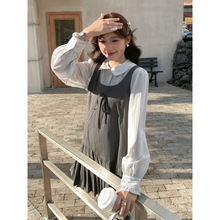 学院风减龄薄荷绿衬衫背心连衣裙两件套女秋小个子百褶背带套装裙