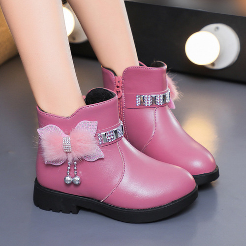 Children's Cotton Boots Princess Fashion Bow Baby Warm Leather Boots  Winter Girls Rhinestone Mid-calf Short Boots