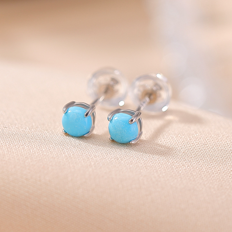Khuyên tai bạc S925 mạ vàng đính đá turquoise hình học vintage — Loại bạc