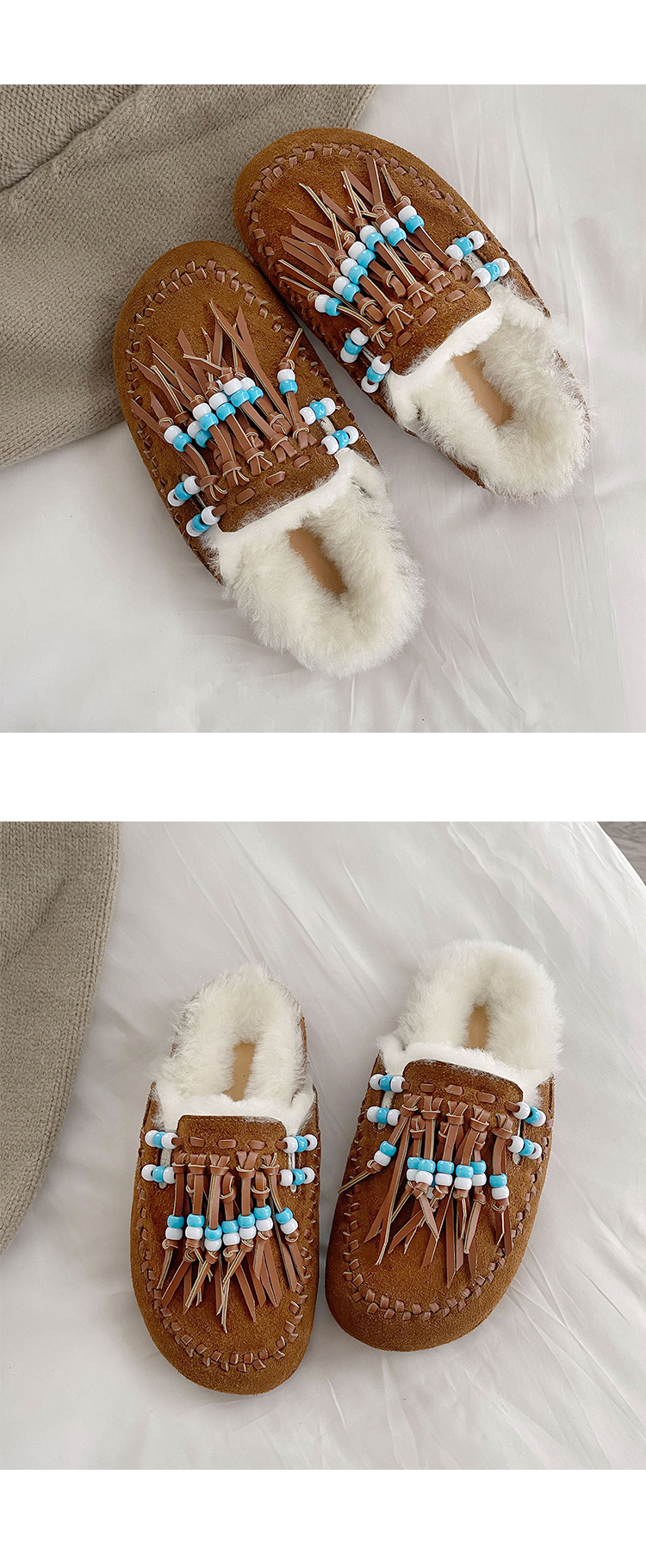 Guốc lười lông dày nữ mũi tròn kiểu Birkenstock có tua rua và hạt — màu nâu chi tiết 29