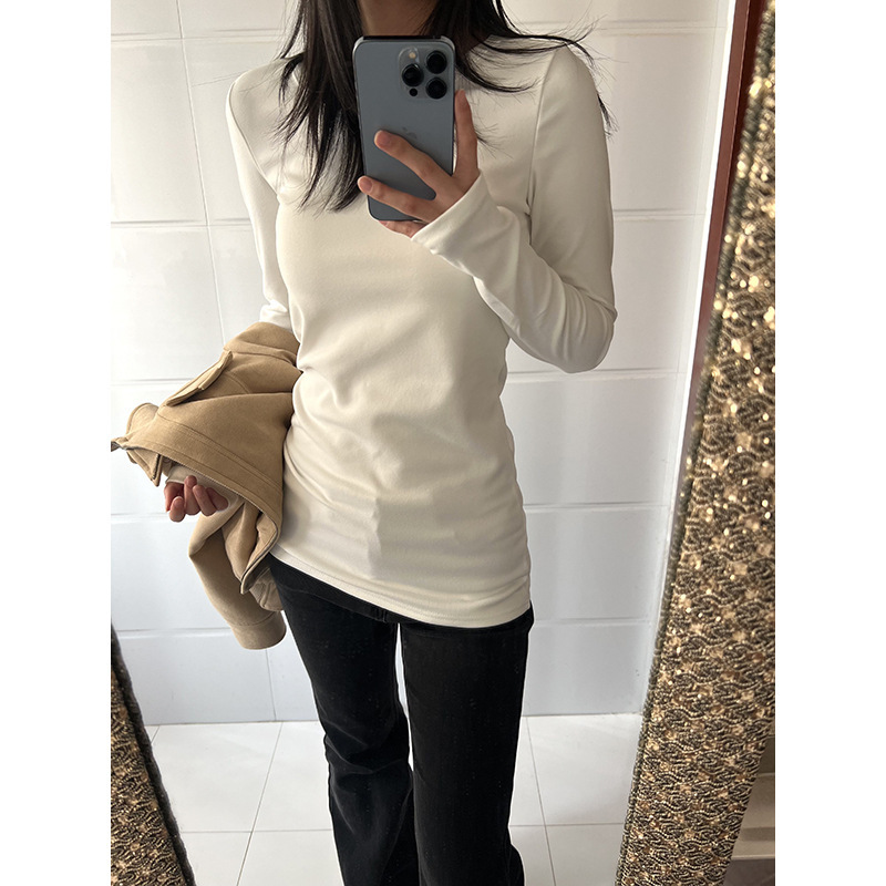 韩系白色正肩长袖恤女秋冬内搭修身收腰中长款打底衫遮屁股上衣|undefined