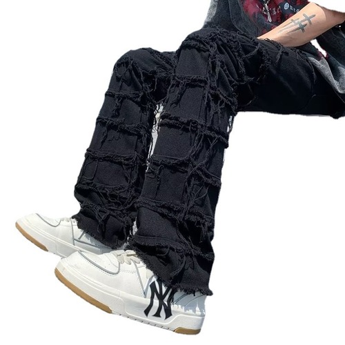 Cross-border new men's denim straight-leg pants, European and American street fashion, Instagram best-selling, elastic patch denim straight-leg pants