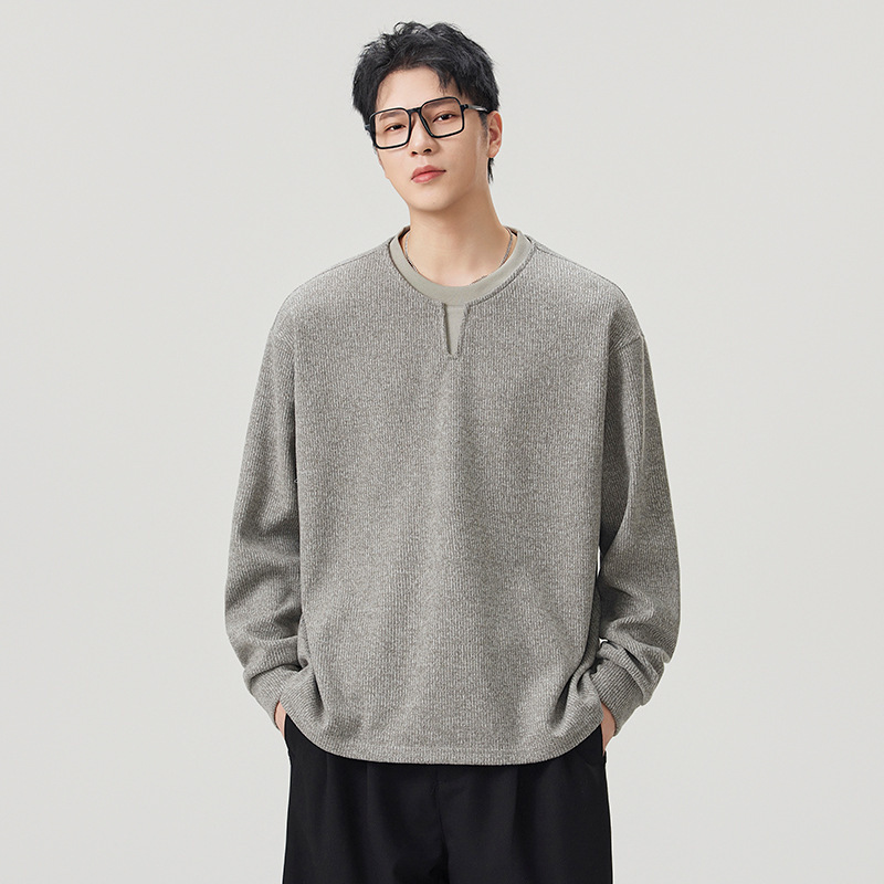 American retro-style trendy two-piece look crewneck sweatshirt for men, 2026 autumn new collection, loose and casual long-sleeved top