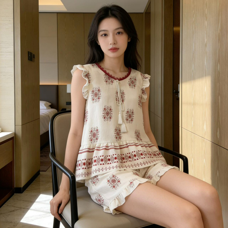 Cloud Cotton Pajamas with Breast Pads for Women, Summer Cloud Cotton Texture, Suspender Shorts, Vest, Bohemian Style Home Set Cloud Cotton Pajamas with Breast Pads for Women, Summer Cloud Cotton Texture, Suspender Shorts, Vest, Bohemian Style Home Set
