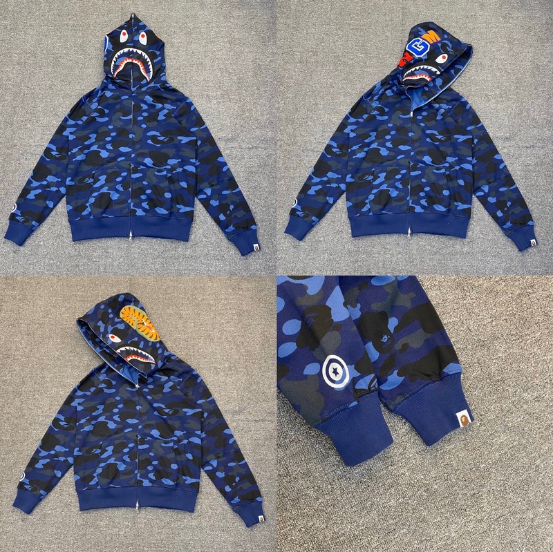 トレンディなブランド BAPE サメ迷彩ジッパースウェットシャツ男性と女性のカップル用ルーズトレンディなベルベットフード付きカーディガンジャケット男性用|undefined