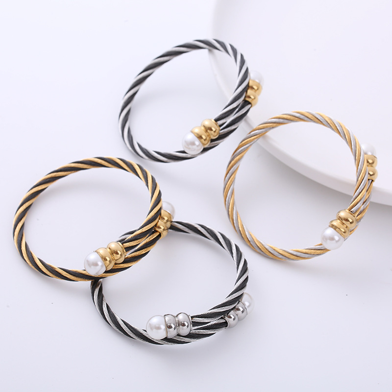 Fashion Color Block Stainless Steel Plating Inlay Artificial Pearls Bangle 1 Piece