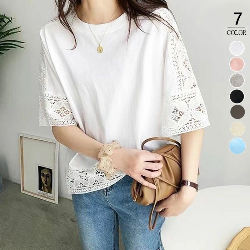 7-color spot 2024 summer Japanese solid color loose pullover five-point sleeve round neck T-shirt top women