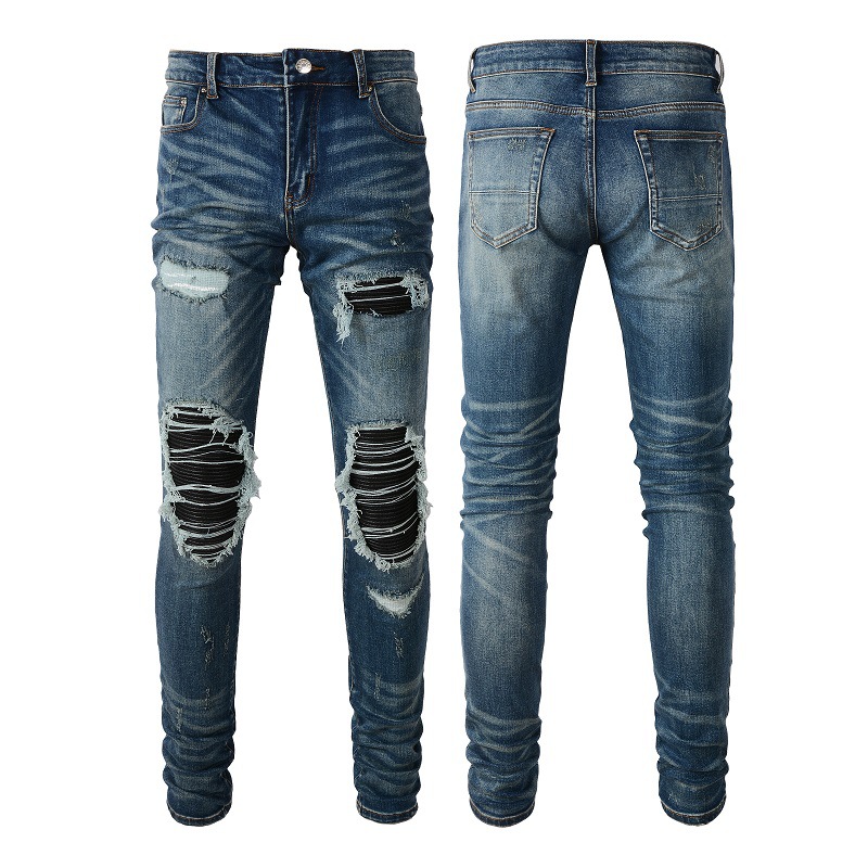 Abbigliamento Uomo Jeans a Pieghe con Toppe in Pelle PU sulle Ginocchia Jeans Slim Fit Skinny_voghion.com