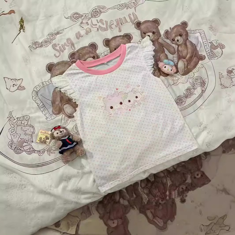 Japanese Style Childish Cute Sweet Love Sweet Dream Cat Printed Polka Dot Vest MP Daughter Dress Lace Sleeve T-Shirt Top