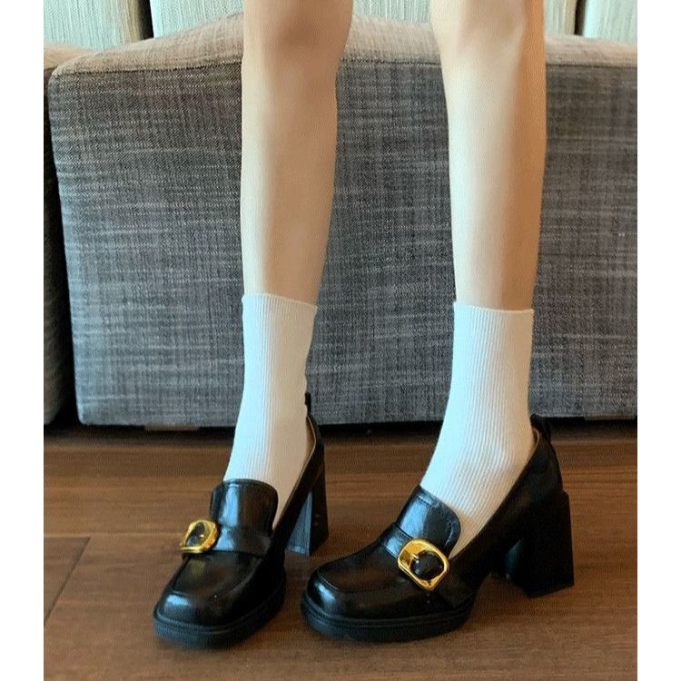 French-Style Single Shoes, Spring and Autumn College Style Square-Toe High-Heeled Loafers, New Women's Shoes, British-Style Chunky Heel Slip-On Leather Shoes