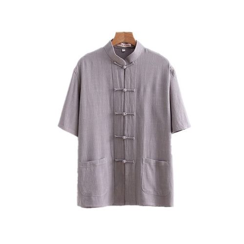 Chinese-style cotton linen short-sleeve men's Tang suit summer youth cotton linen top vintage buttoned collared shirt monastic attire