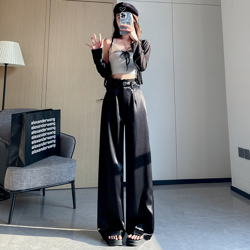 在庫ありアセテートサテンレースワイドレッグパンツ女性用2025ハイウエストストレートパンツカジュアルナローバージョンアイスシルクフロアレングスパンツ|undefined