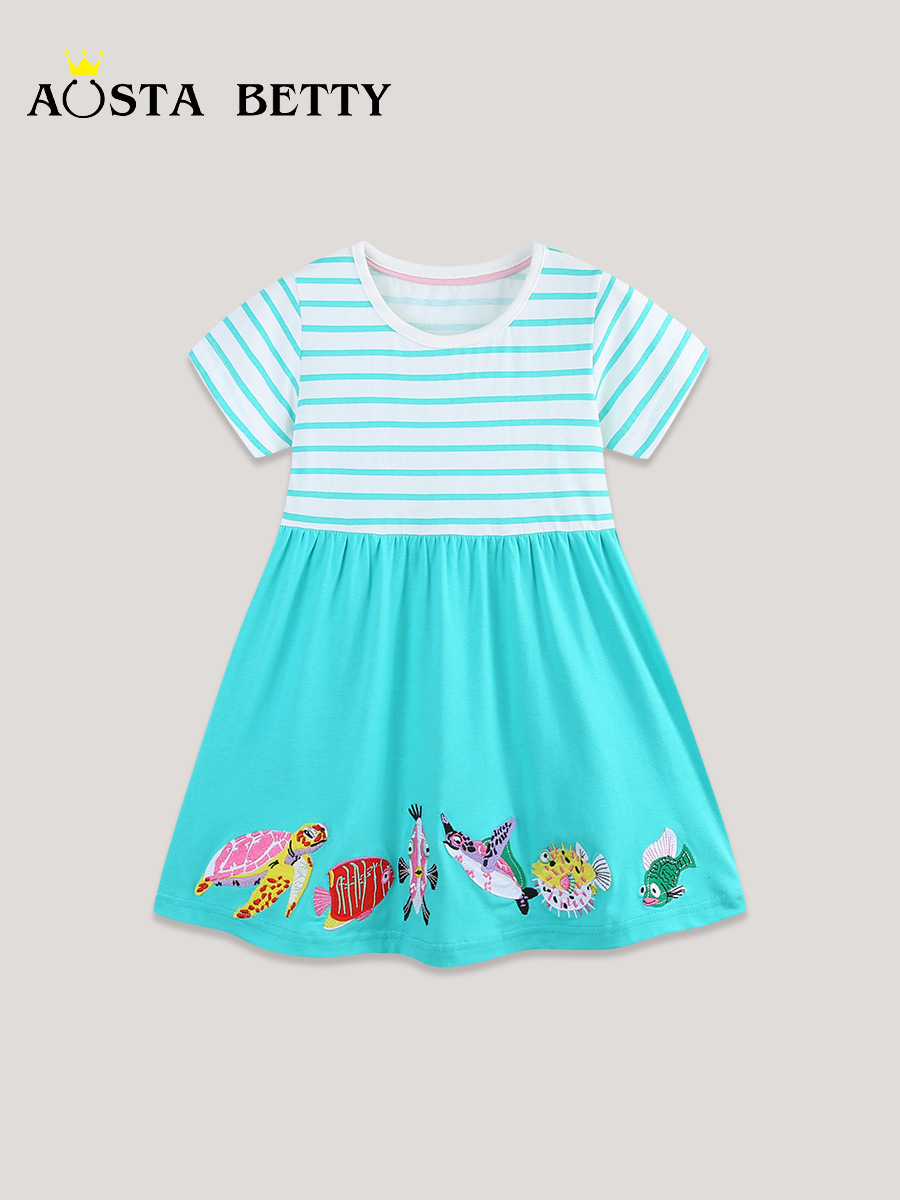 Vestido de niña de estilo europeo y americano nuevo producto de verano bordado vestido de princesa de niños de algodón de punto de cuello redondo vestido de mangas cortas