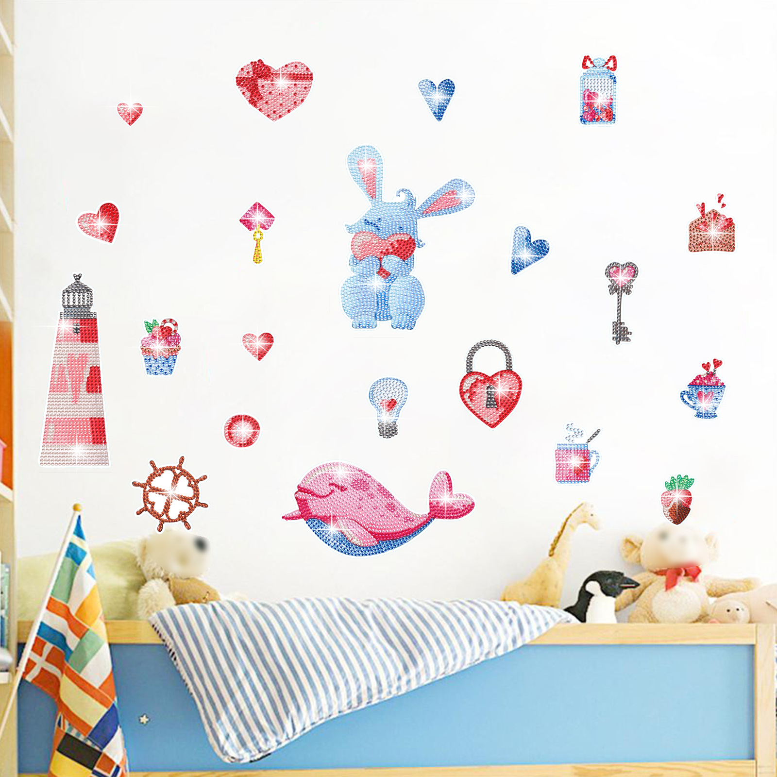 Bonito niño diy dibujo de diamante hecho a mano paquete de materiales de dibujos animados amor faro ballenas pegatinas DIY aleatorias