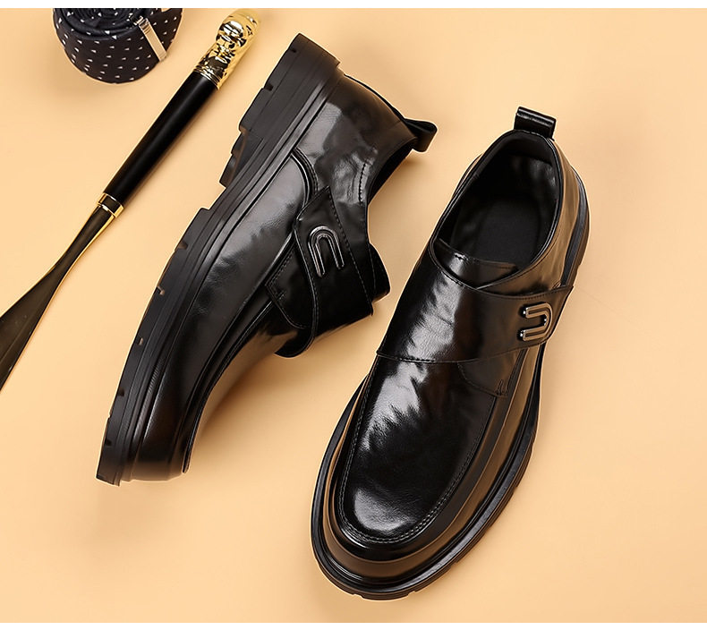 Giày da nam xỏ chân kiểu lười dán Velcro cổ thấp , gót 3–5 cm — bông đen, đơn màu nâu, đơn màu đen chi tiết 5