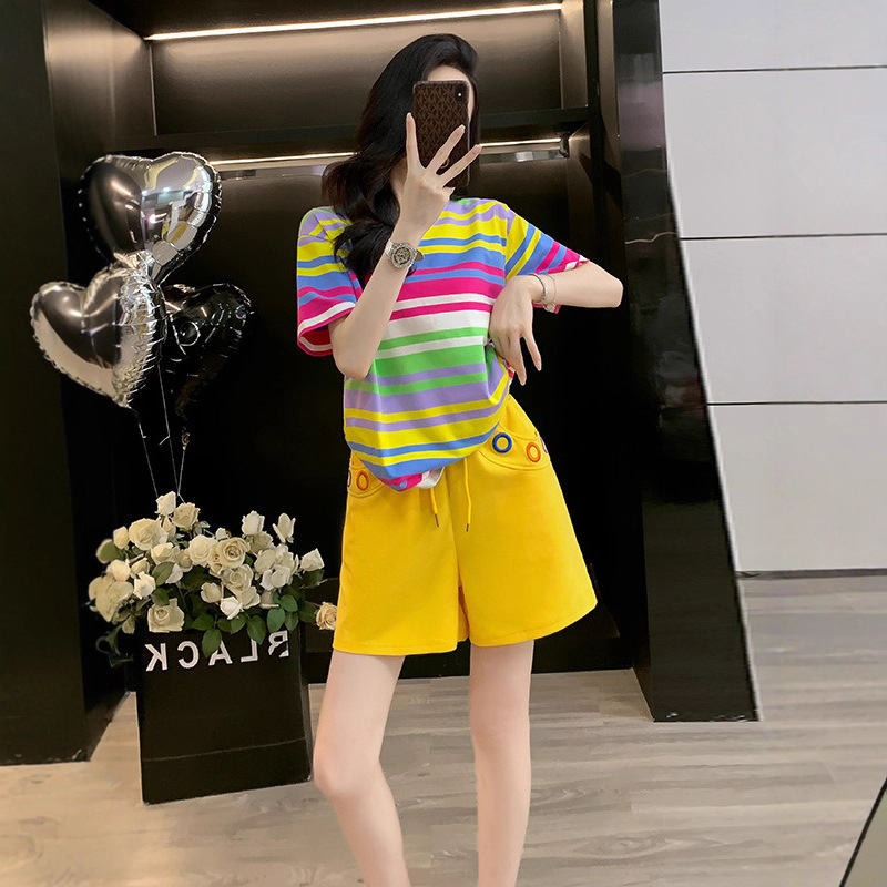European Station 2025 Summer New Casual Sports Suit for Women, Short-Sleeve Top + High-Waisted Shorts, Stylish Trendy Clothing
