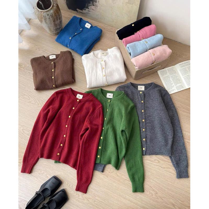 Women's Thick Solid Color Knitted Cardigan Sweater, Popular Cross-Border Item, Gold Button Small Cardigan, Versatile for Commuting, Available in Multiple Colors Women's Thick Solid Color Knitted Cardigan Sweater, Popular Cross-Border Item, Gold Button Small Cardigan, Versatile for Commuting, Available in Multiple Colors